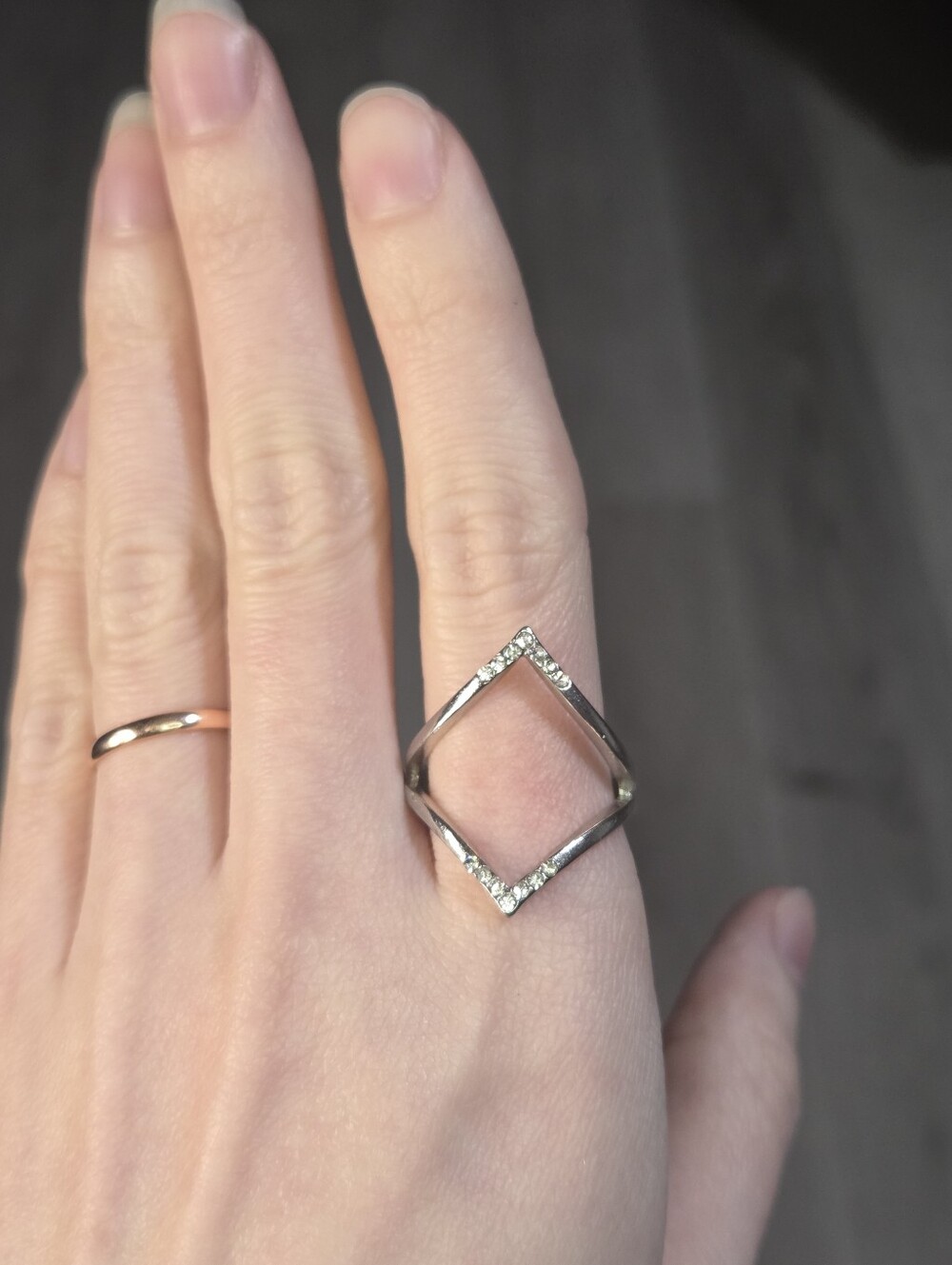 Silver Tone Geometric Diamond Shaped Rhombus Ring Pave Set Size 9.25 Statement